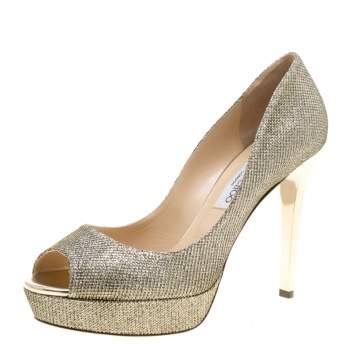 Pre Owned Jimmy Choo Metallic Gold Lamè Fabric Dahlia Peep Toe Platform Pumps Size 41