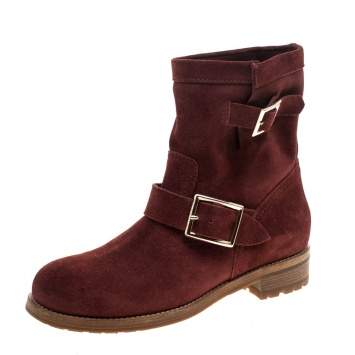 مملوكة مسبقًا Jimmy Choo Brick Suede Youth Buckle Detail Biker Boots Size 37.5