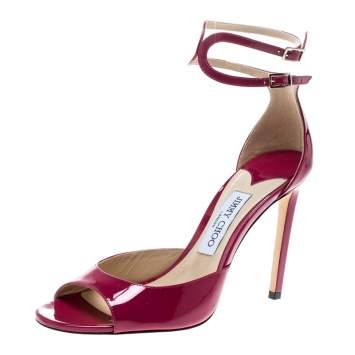 Pre Owned Jimmy Choo Cerise Pink Patent Leather Lane Ankle Strap Peep Toe Sandals Size 40