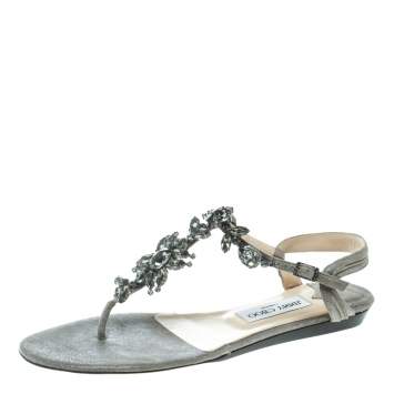 Pre Owned Jimmy Choo Grey Suede Crystal Embellished Flat Thong Sandals Size 39.5