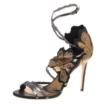 Pre Owned Jimmy Choo Black/Metallic Bronze Leather Lolita Strappy Sandals Size 41