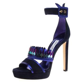 Pre Owned Jimmy Choo Navy Blue Suede Kathleen Peep Toe Ankle Cuff Sandals Size 41