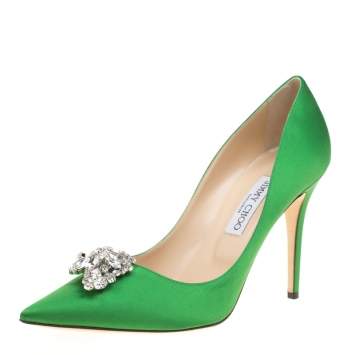 Pre Owned Jimmy Choo Exclusive Collection Apple Green Satin Manda Crystal Embellished Pointed Toe Pumps Size 41