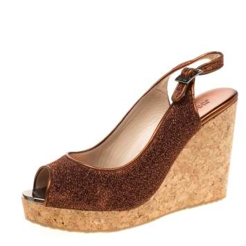 Pre Owned Jimmy Choo Metallic Pop Orange Lurex Prova Slingback Cork Wedge Sandals Size 41