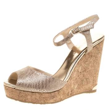 Pre Owned Jimmy Choo Metallic Beige Snake Embossed Suede Perla Cork Wedge Ankle Strap Sandals Size 41