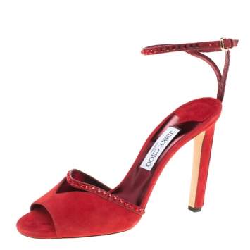 Pre Owned Jimmy Choo Red Suede Kara Crystal Embellished Ankle Strap Peep Toe Sandals Size 41