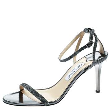 Pre Owned Jimmy Choo Metallic Dark Grey Lamè Fabric Minny Ankle Strap Open Toe Sandals Size 41