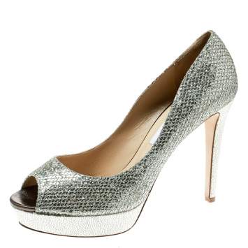 Pre Owned Jimmy Choo Metallic Gold Lamè Fabric Dahlia Peep Toe Platform Pumps Size 41.5