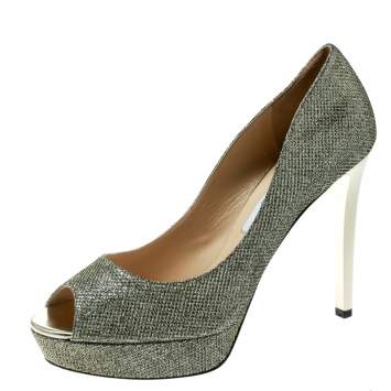 Pre Owned Jimmy Choo Metallic Champagne Glitter Fabric Dahlia Peep Toe Platform Pumps Size 41.5