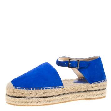 Pre Owned Jimmy Choo Cobalt Bllue Suede Delphine Ankle Strap Espadrille Platform Sandals Size 40