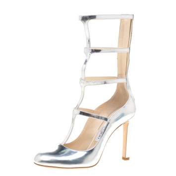 Pre Owned Jimmy Choo Metallic Silver Leather Dundee Cage Pumps Size 37.5