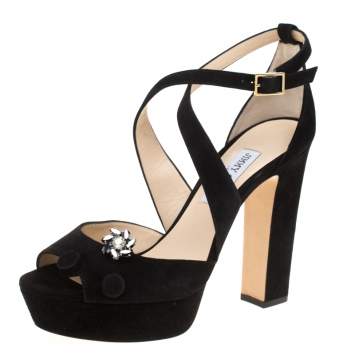Pre Owned Jimmy Choo Black Suede Janet Cross Strap Platform Block Heel Sandals Size 41