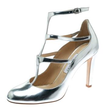 Pre Owned Jimmy Choo Metallic Silver Leather Doll Caged Round Toe Pumps Size 40