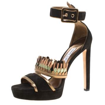 Pre Owned Jimmy Choo Black Suede Kathleen Peep Toe Ankle Cuff Sandals Size 40