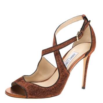 Pre Owned Jimmy Choo Pop Orange Leather Trimmed Lamè Fabric Emily Cross Strap Sandals Size 40