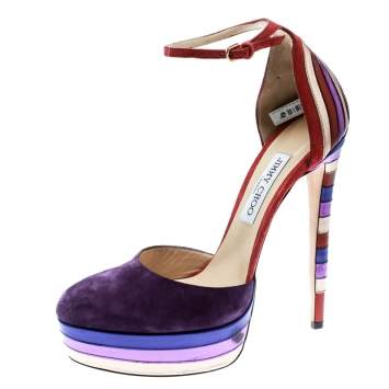 Pre Owned Jimmy Choo Purple Suede and Metallic Leather Macy Ankle Strap Platform Sandals Size 40