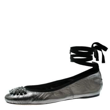 Pre Owned Jimmy Choo Metallic Grey Leather Grace Crystal Embellished Ankle Wrap Ballet Flats Size 40