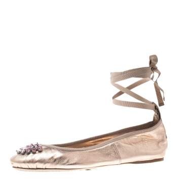 Pre Owned Jimmy Choo Metallic Rose Leather Grace Crystal Embellished Ankle Wrap Ballet Flats Size 41