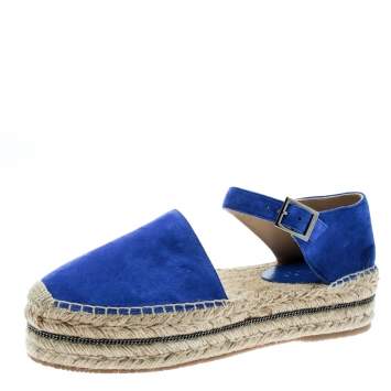 Pre Owned Jimmy Choo Cobalt Blue Suede Delphine Ankle Strap Espadrille Platform Sandals Size 40