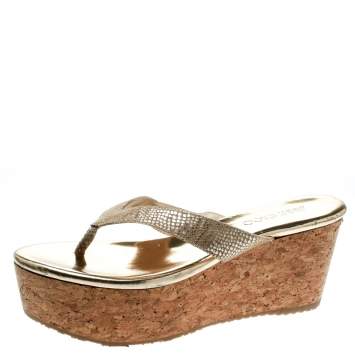 Pre Owned Jimmy Choo Beige Python Texture Suede Paque Cork Platform Thong Sandals Size 41