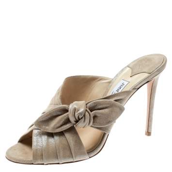 Pre Owned Jimmy Choo Metallic Beige Textured Suede Keely Knotted Bow Peep Toe Slides Size 41
