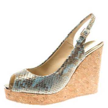 Pre Owned Jimmy Choo Metallic Tea Rose Mix Embossed Python Leather Prova Slingback Cork Wedge Sandals Size 38.5