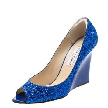 Pre Owned Jimmy Choo Blue Glitter Bello Peep Toe Pumps Size 39