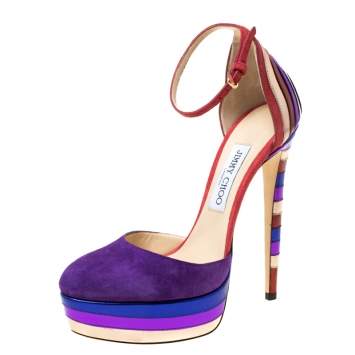 Pre Owned Jimmy Choo Purple Suede and Metallic Leather Macy Ankle Strap Platform Sandals Size 38
