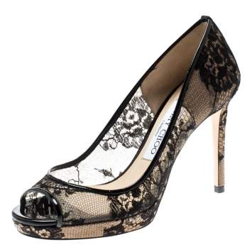 Pre Owned Jimmy Choo Black Lace Luna 100 Peep Toe Pumps Size 35