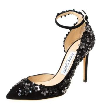 Pre Owned Jimmy Choo Black Floral Applique Suede Lucy Pointed Toe D'orsay Pumps Size 35