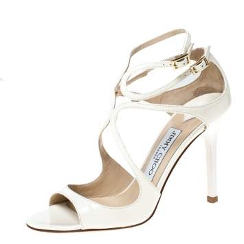 Pre Owned Jimmy Choo Cream Patent Leather Lang 100 Ankle Strap Sandals Size 35.5