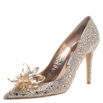Pre Owned Jimmy Choo Gold Crystal Embellished Cinderella Pumps Size 40