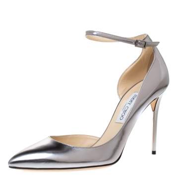Pre Owned Jimmy Choo Silver Leather Lucy Ankle Strap Pointed Toe D'orsay Pumps Size 41