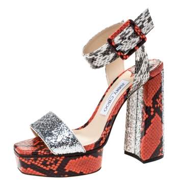 Pre Owned Jimmy Choo Multicolor Snakeskin and Galactica Glitter Fabric Platform Sandals Size 37