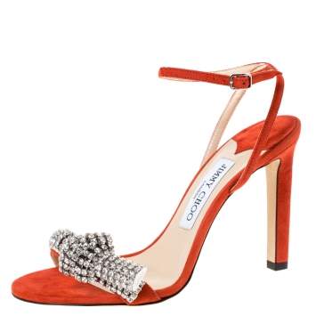 Pre Owned Jimmy Choo Orange Suede Crystal Embellished Thyra Sandals Size 38