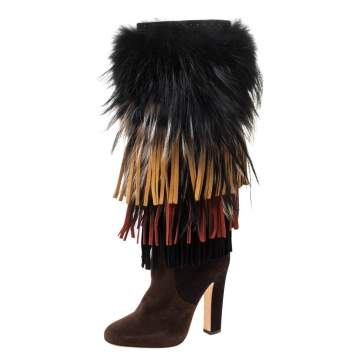 Pre Owned Jimmy Choo Brown Suede And Fox Fur Trimmed Dalia Knee High Boots Size 38.5