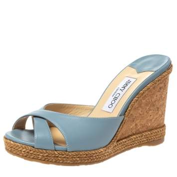 Pre Owned Jimmy Choo Blue Leather Almer 105 Cork And Espadrille Wedges Size 39