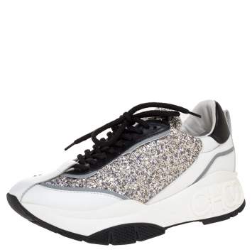 Pre Owned Jimmy Choo White/Sliver Leather And Glitter Raine Low Top Sneakers Size 38