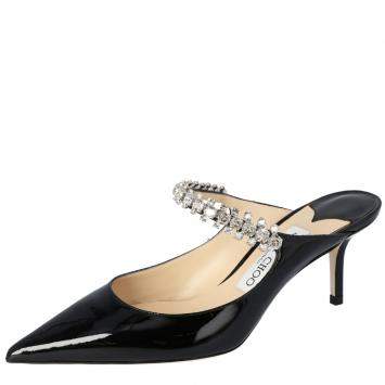 Pre Owned Jimmy Choo Black Patent Leather Bing 65 Crystal Embellished Pointed Toe Mules Size 37