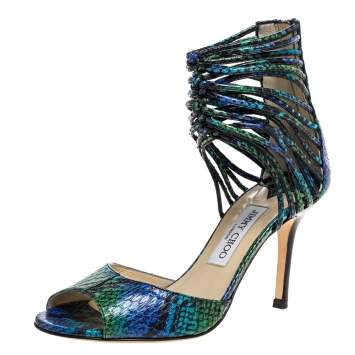Pre Owned Jimmy Choo Mulitcolor Python Leather Shakira  Strappy Sandals Size 38.5