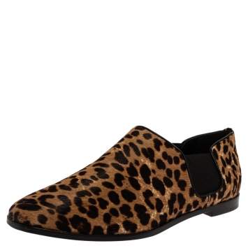 Pre Owned Jimmy Choo Leopard Print Calf Hair And Elastic 'Glint' Slip On Loafer Size 39