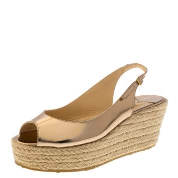 Pre Owned Jimmy Choo Metallic Rose Gold Leather Espadrille Wedge Slingback Sandals Size 39