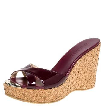 Pre Owned Jimmy Choo Burgundy Patent Leather Perfume Platform Wedge Slides Size 40