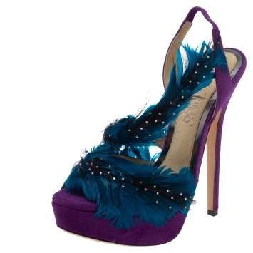 Pre Owned  Jimmy Choo Tricolor Suede Limited Edition Marlene Feather Embellished Sandals Size 36.5