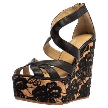 Pre Owned Jimmy Choo Black Leather Parrow Lace Wedge Platform Sandals Size 37.5
