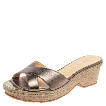 Pre Owned Jimmy Choo Metallic Olive Green Leather Prima Cork Wedge Slide Sandals Size 38