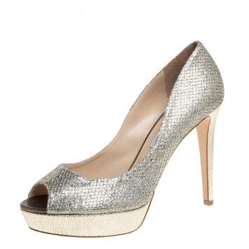 Pre Owned Jimmy Choo Metallic Champagne Glitter Fabric Dahlia Platform Peep Toe Pumps Size 42