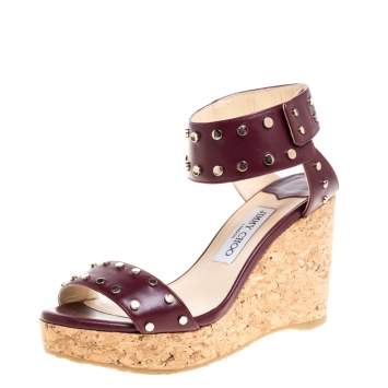 Pre Owned Jimmy Choo Maroon Studded Leather Veto Wedge Platform Sandals Size 38.5