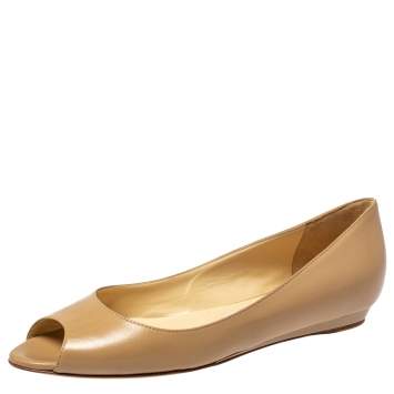 Pre Owned Jimmy Choo Beige Leather Peep Toe Flats 37