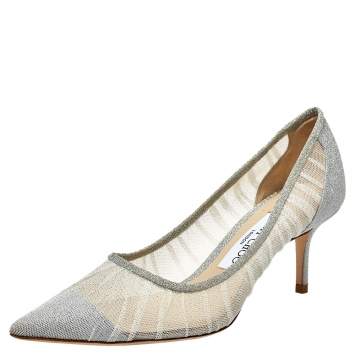 Pre Owned Jimmy Choo Silver Glitter Fabric and White Tulle Love Pointed Toe Pumps Size 36
